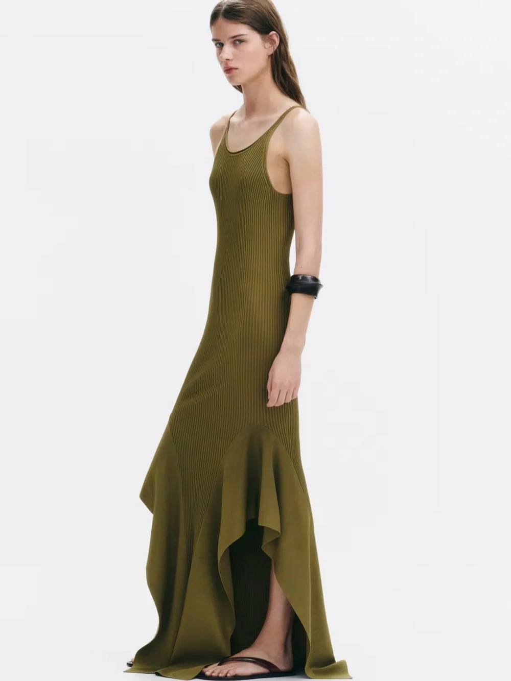 H&M EDITION,NWT OLIVE GREEN FLOUNCED KNIT DRESS SIZE SMALL - Picture 3 of 7